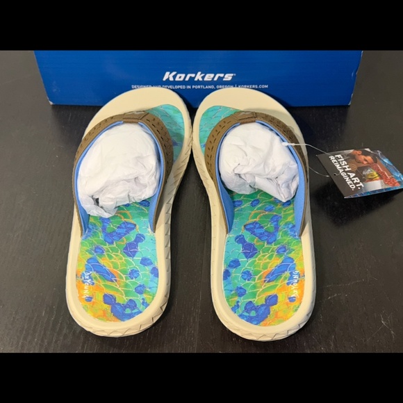Korkers Fish Flip Dorado Sandals Flip Flops Blue/Green/Yellow Mens 12 main image 10